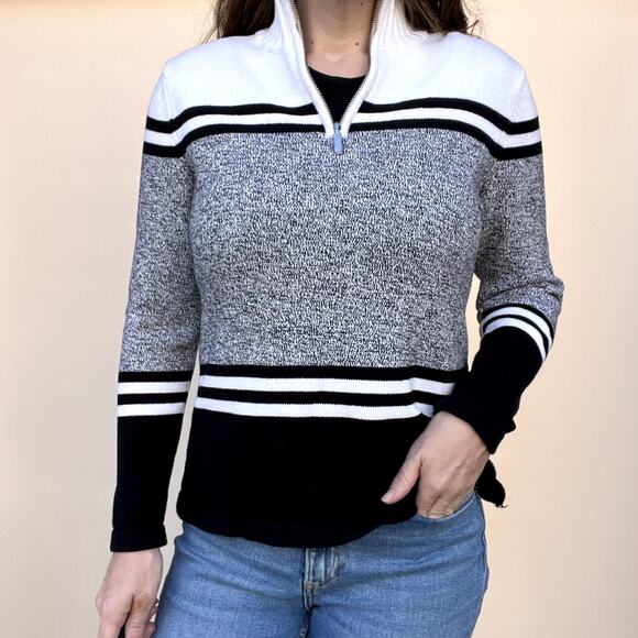 Karen Scott Women's Mapleton 1/4 Zip Cotton Sweater Black White, Striped Size S - Picture 1 of 10